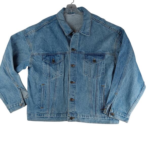 Vintage Tyca USA Denim Trucker Jacket Womens XXL Blue Fade Embossed Curves 80s - Picture 3 of 13